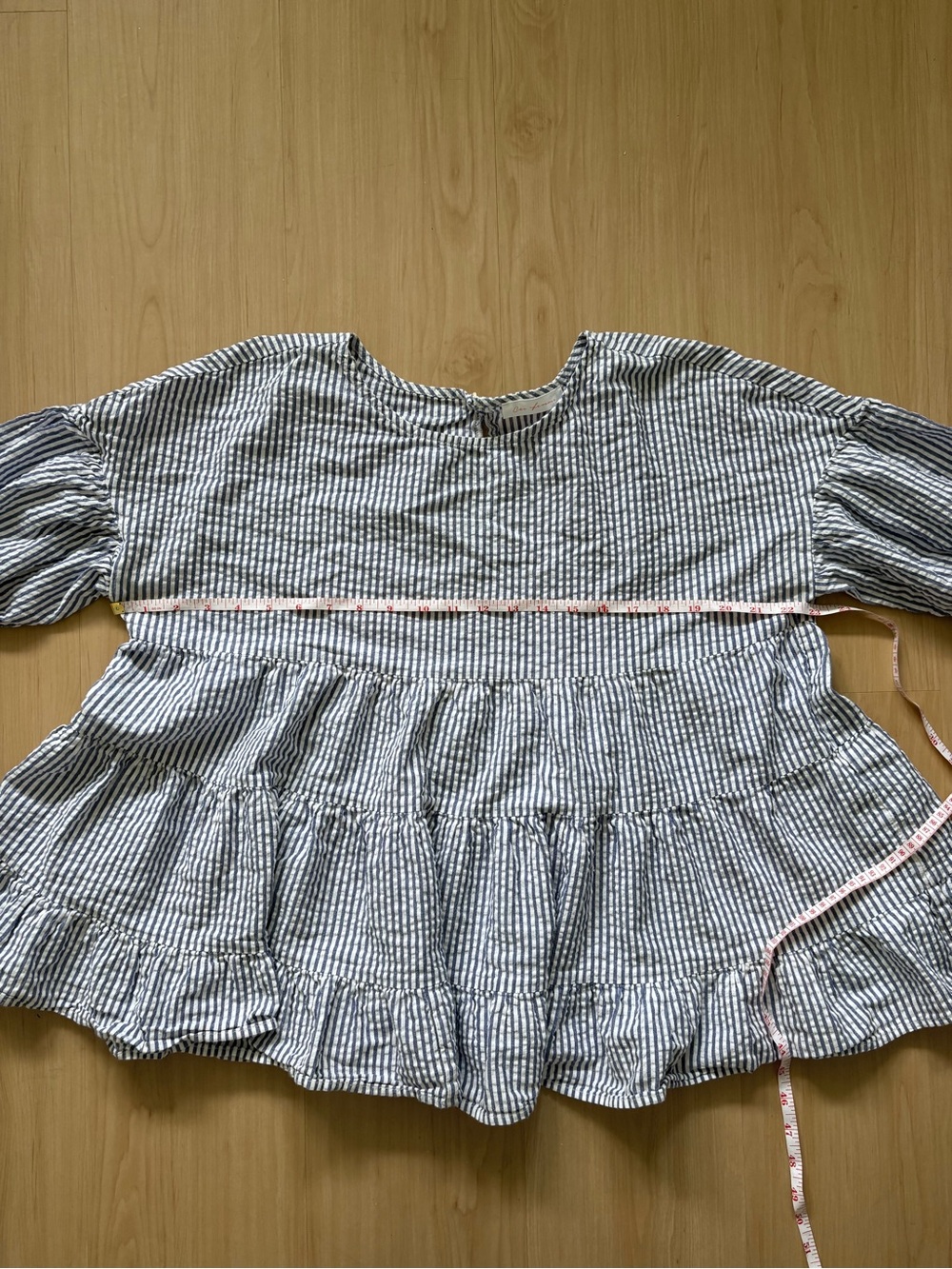 Ces Femme Blue White Striped Tiered Babydoll Top Large 100% Cotton Puff Sleeve - Picture 8 of 9